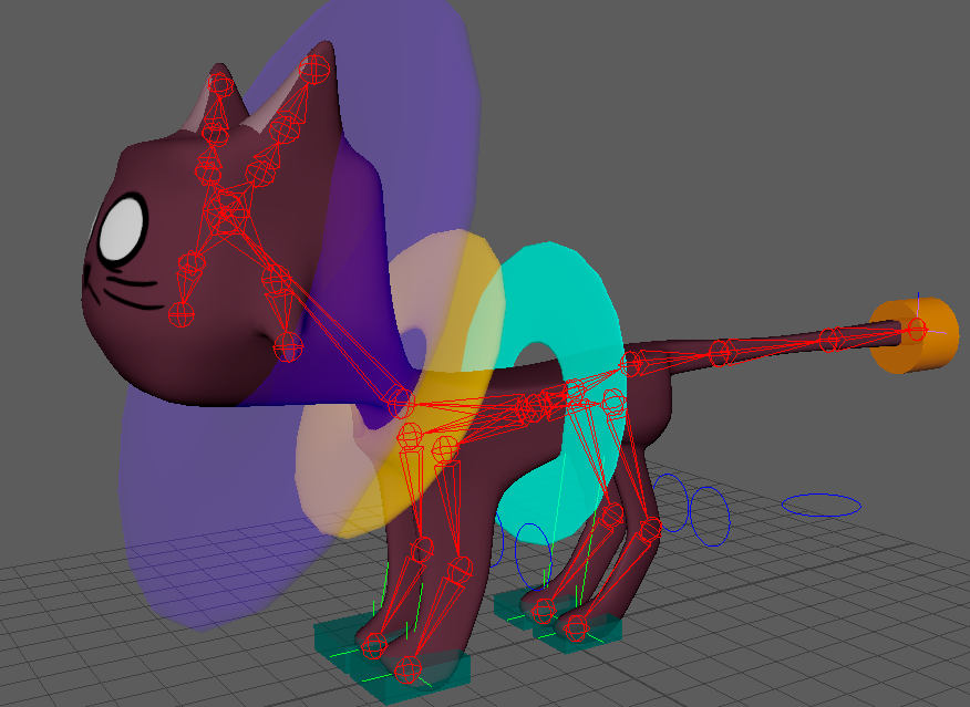 Cat model with rig controllers of colorful shapes