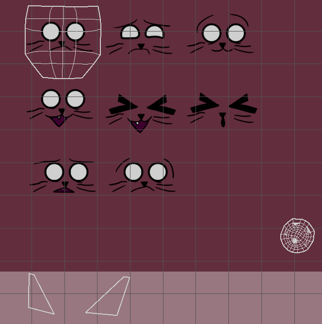 A Burgundy UV map with multiple expressions and UV shells on top