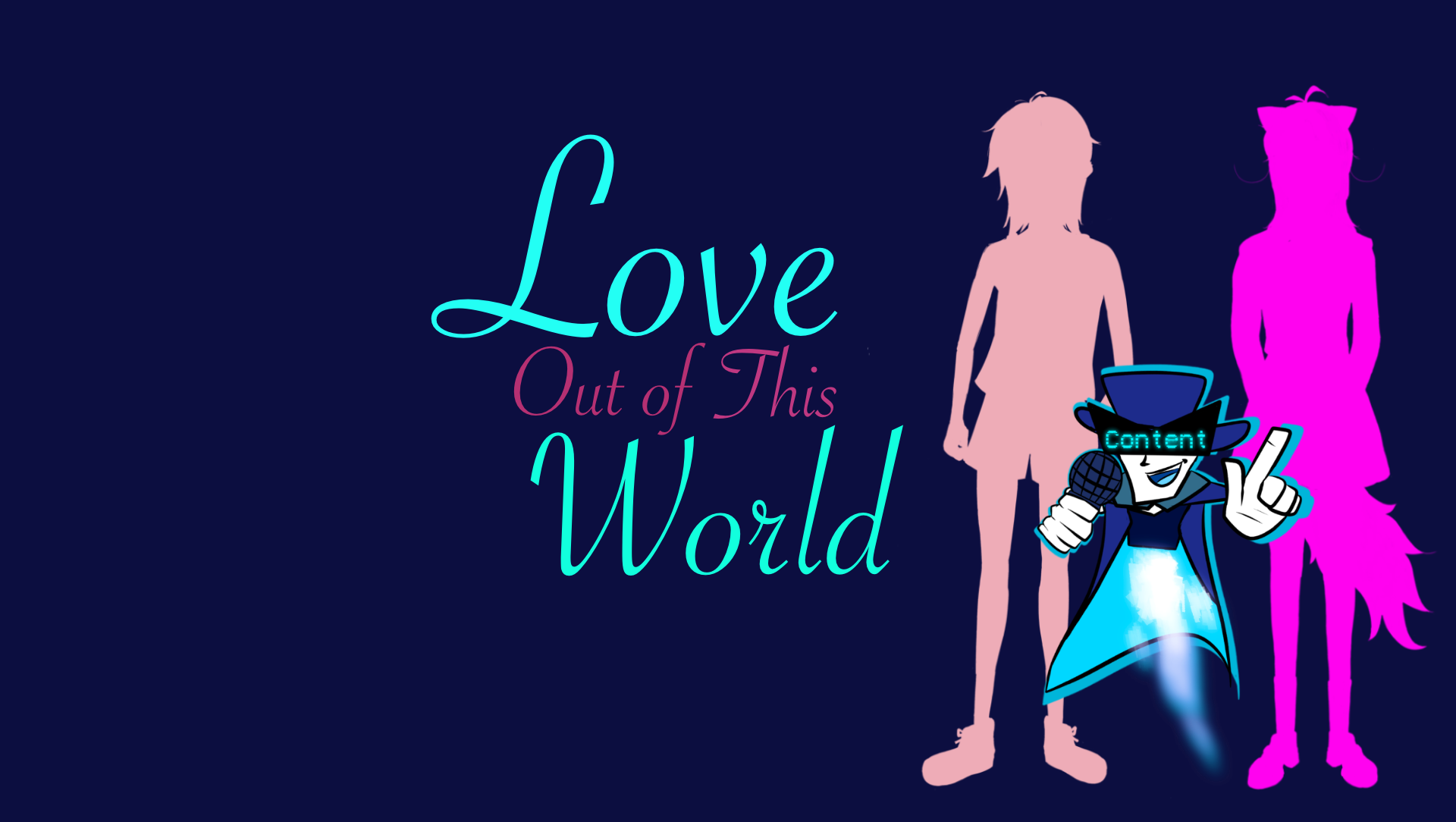Two colored silhouettes with a floating character in middle