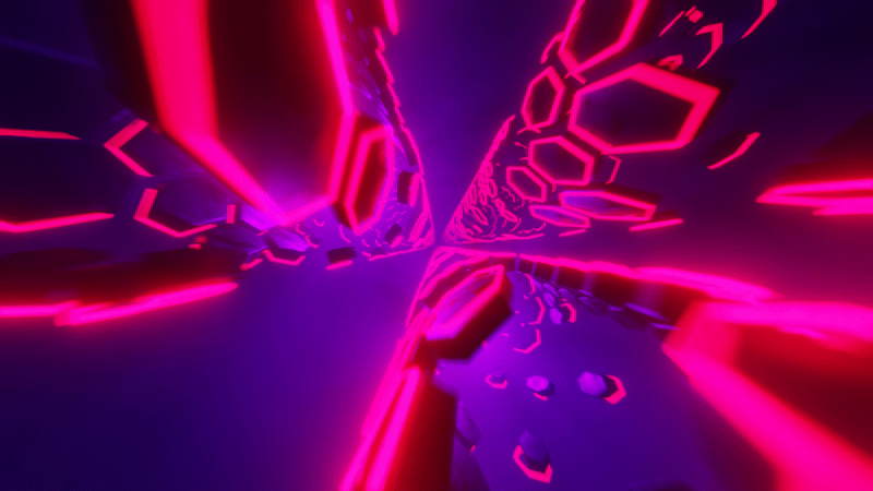 Neon pink themed hexagonal tunnel zooming in