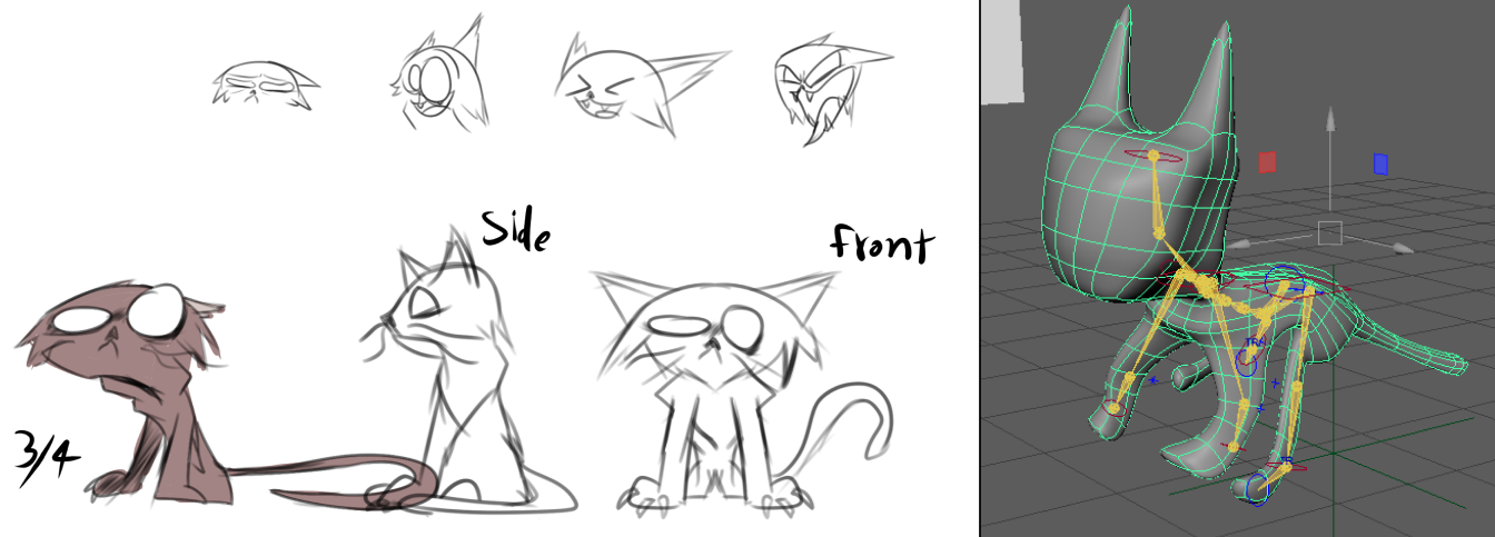 Sketch of a cat and a greyed out cat model