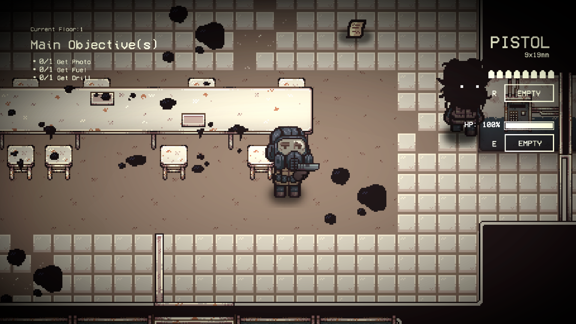 Pixel art of a man holding a gun next to a shadowy monster